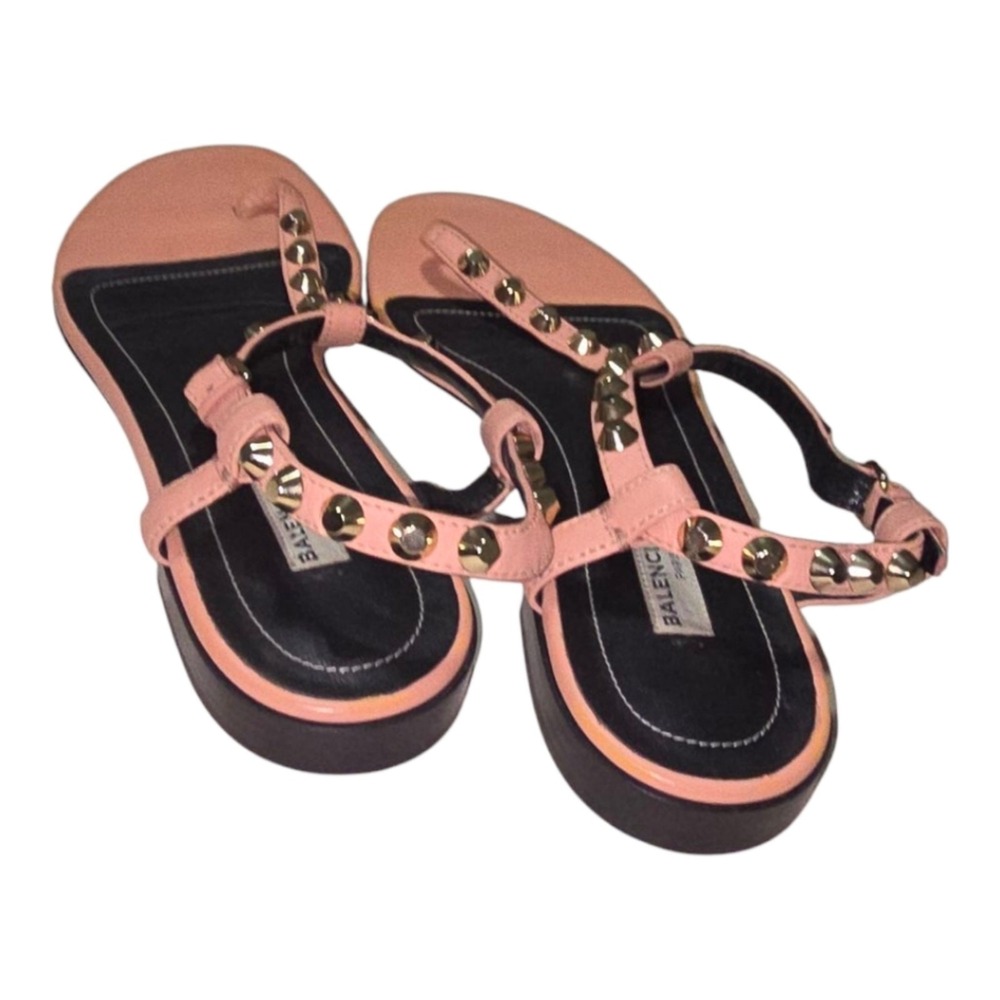 BALENCIAGA PINK leather thong SANDALS 37.5 7 flat slide ROCKSTUD ANKLe star STud - Picture 14 of 16